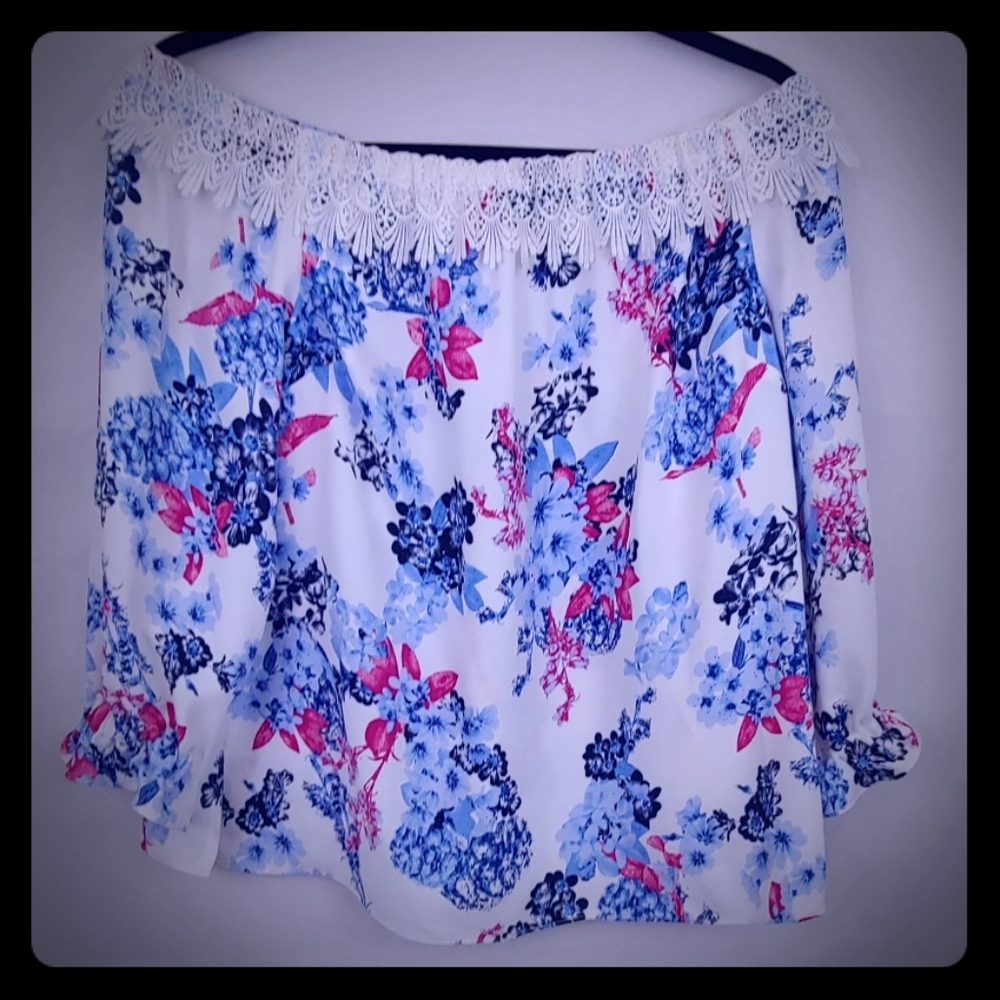 Elle White W Floral Print Lace Off Shoulder Small